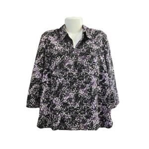 Apparenza Women's Black w/ Purple Pebble Print Button-Up 3/4 Sleeve Blouse SZ L